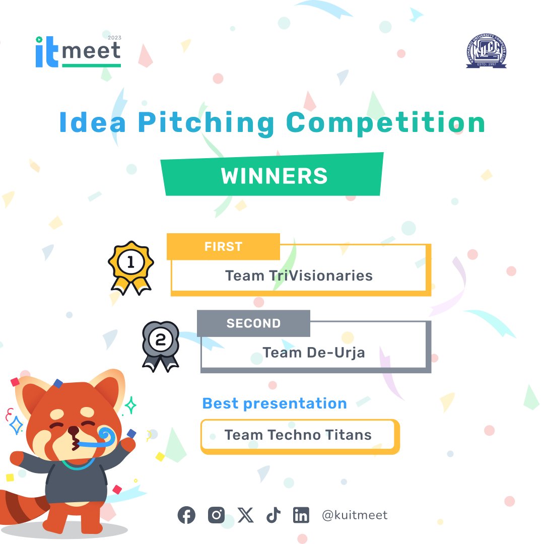 kuitmeet's tweet photo. Innovation at its finest! After an intense Idea Pitching Competition, we are elated to announce our brilliant winners!!  Congratulations on showcasing the power of creativity and vision! 
#IdeaPitchingChampions #competitionwinners #itmeet23 #GeekOutInStyle #KathmanduUniversity https://t.co/rHqNPva4U5