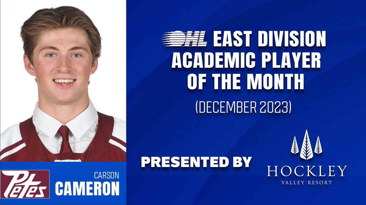 First-year <a href="/PetesOHLhockey/">Peterborough Petes</a> blueliner Carson Cameron is the #OHL East Division Academic Player of the Month presented by <a href="/HockleyVResort/">HockleyValleyResort</a>, achieving an 'A' average in Grade 11 studies at <a href="/TASGriffins/">Thomas A. Stewart</a>. 📰: tinyurl.com/yc6fbd2b