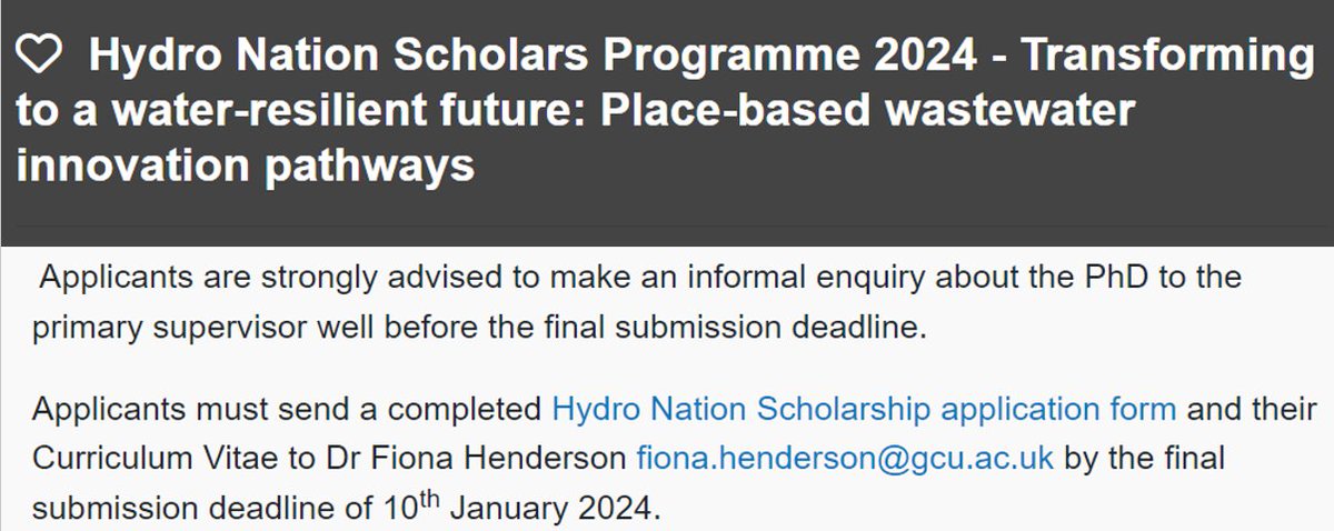 Diana Valero (@dianaevalero) on Twitter photo Interested in a water-resilient future for Scotland? There is still time to apply for a PhD within the <a href="/HydroScholars/">Hydro Nation Scholars Programme</a> programme to work with Dr Fiona Henderson, <a href="/karinhelwig/">Karin Helwig</a> and myself on place-based innovation pathways. Deadline is 10 January. Details👉tinyurl.com/4kx3e3r9 Interested in a water-resilient future for Scotland? There is still time to apply for a PhD within the <a href="/HydroScholars/">Hydro Nation Scholars Programme</a> programme to work with Dr Fiona Henderson, <a href="/karinhelwig/">Karin Helwig</a> and myself on place-based innovation pathways. Deadline is 10 January. Details👉tinyurl.com/4kx3e3r9