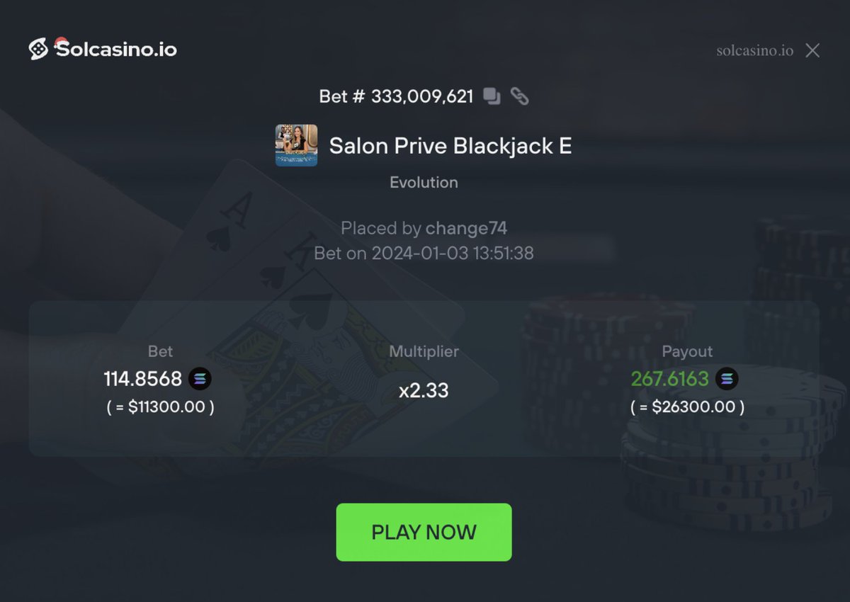 Change74 has been killing it on the Blackjack table today! $11,300 ➡️ $26,300 worth of $SOL!!! Taking his Net Profit to OVER $73,000! Congrats! 🎉