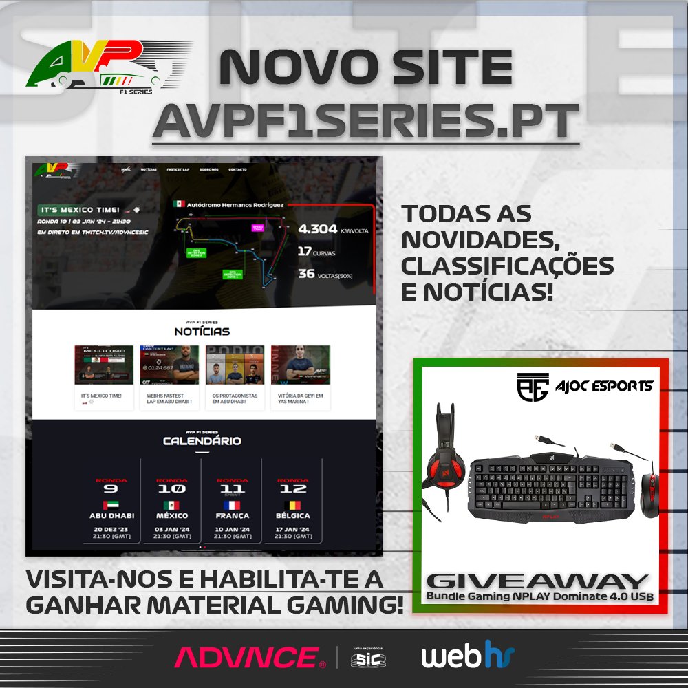 avpf1series's tweet photo. A AVP F1 SERIES TEM UM NOVO SITE! 🔥
Descobre tudo em 👉https://t.co/dDgdpJqfHV
Para comemorar o lançamento do novo site, está a decorrer um GIVEAWAY! Visita-nos e habilita-te a ganhar! 😍
#AVPF1Series #Formula1 #F1Esports #AdvnceSIC #Webhs #AJOC #Gaming #Twitch #Team https://t.co/A2vgvrUClN