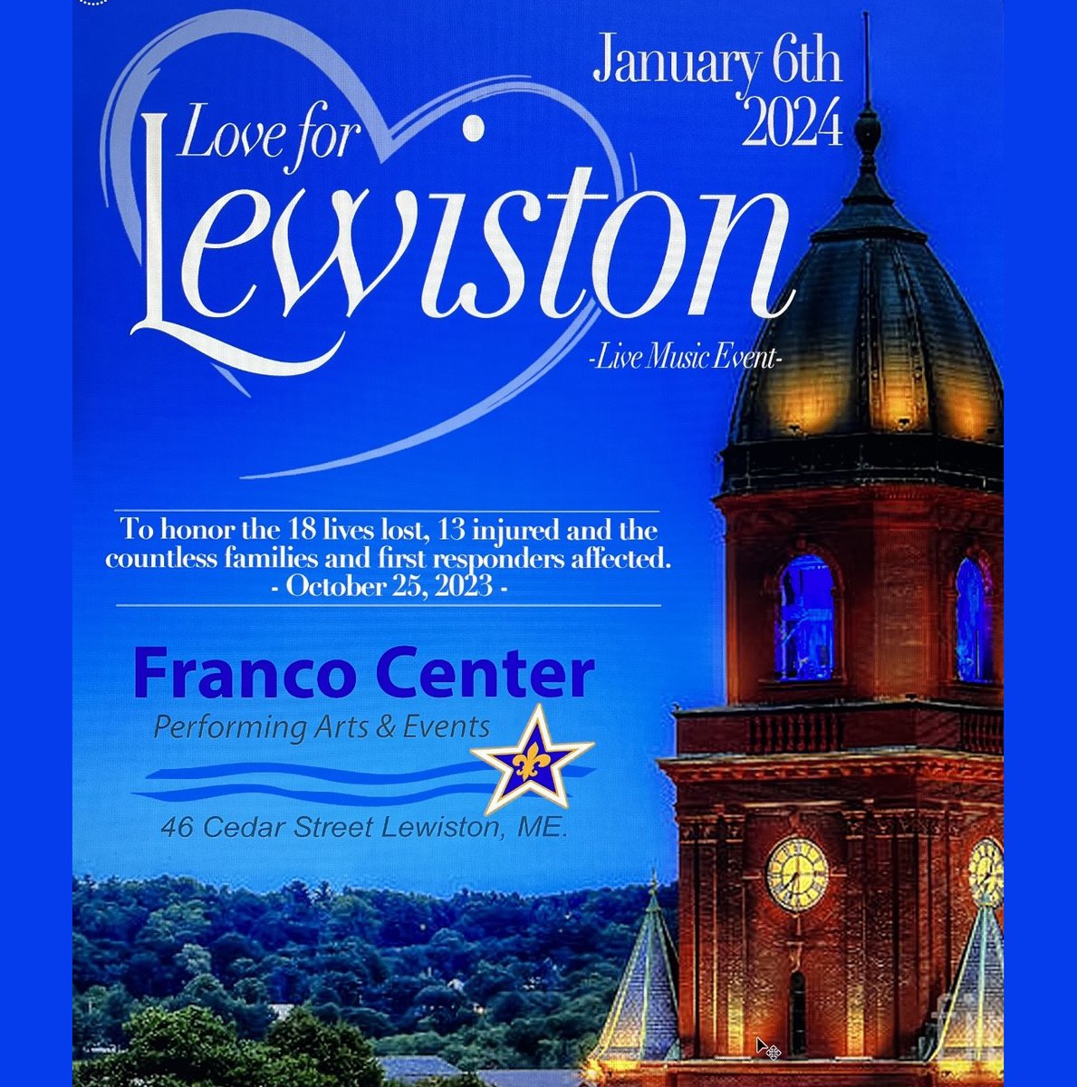 Love for Lewiston is a concert fundraiser coordinated by musician Ken Goodman for two businesses where the mass shooting in Lewiston took place last fall. francocenter.org/show/love-for-… Read about the event and get your tickets today!