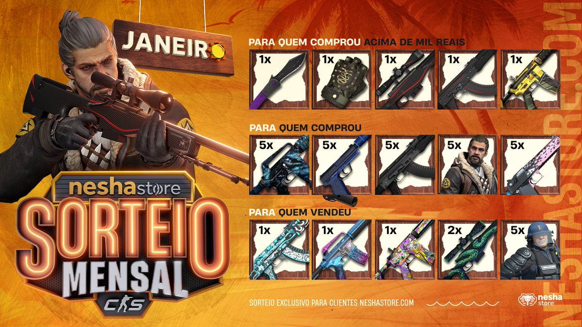 Neshastore's tweet photo. 🥂 Sorteio mensal de Janeiro! 🎇
🤍 40 sortudos vão começar 2024 de Skin nova!

☀️ Faça qualquer pedido na loja e concorra a 25 Skins
☀️ Compre acima de R$1K+ e concorra a todas as Skins + 5 Skins diferenciadas
☀️ Venda qualquer item na Nesha e concorra a 10 Skins

Participe já: https://t.co/BVxMAUt38k 🌟