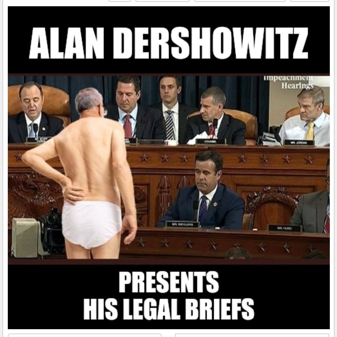 Rob184rob's tweet photo. @CoffeyTimeNews Trump presents Alan Dershowitz's  #HarvardStained evidence from Epstein's Island, in return for Dershowitz representing him in the impeachment hearing. https://t.co/Gid54ej2tc