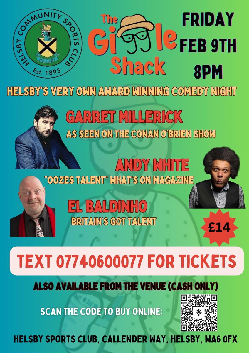 The award winning Giggle Shack is back at @HelsbySports on Friday February 9th with a cracking line up @millerickcomedy @magicbaldy @AndyJWhite & @ColinHavey tickets are just £14! Head to the club, click jokepit.com/e/10899 or text 07740600077 for tickets