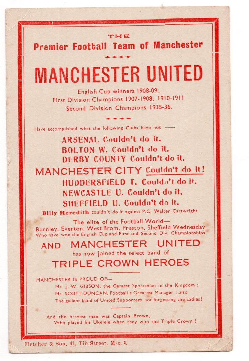 Rare card, postcard sized, celebrating Manchester United completing the triple crown of winning the Second Division Championship in 1935/36 having won the First Division Championship and the FA Cup in previous seasons. #MUFC #ManUtd #ManchesterUnited