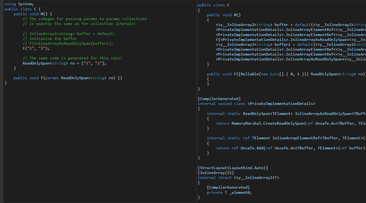 STeplyakov's tweet image. I really love how different features are comming together in C# by re-using the same machinery..
For instance, 'params collections' are built on top of collections literals, which is built on top of other stuff added recently, like linline arrays!
#csharp #dotnet #csharp13
