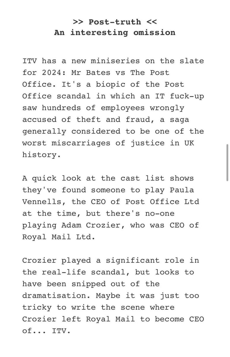 Looking forward to seeing 'Mr Bates vs. The Post Office' but just stumbled on this. Worth thinking about, no? #postofficescandal #itv #tobyjones #injustice