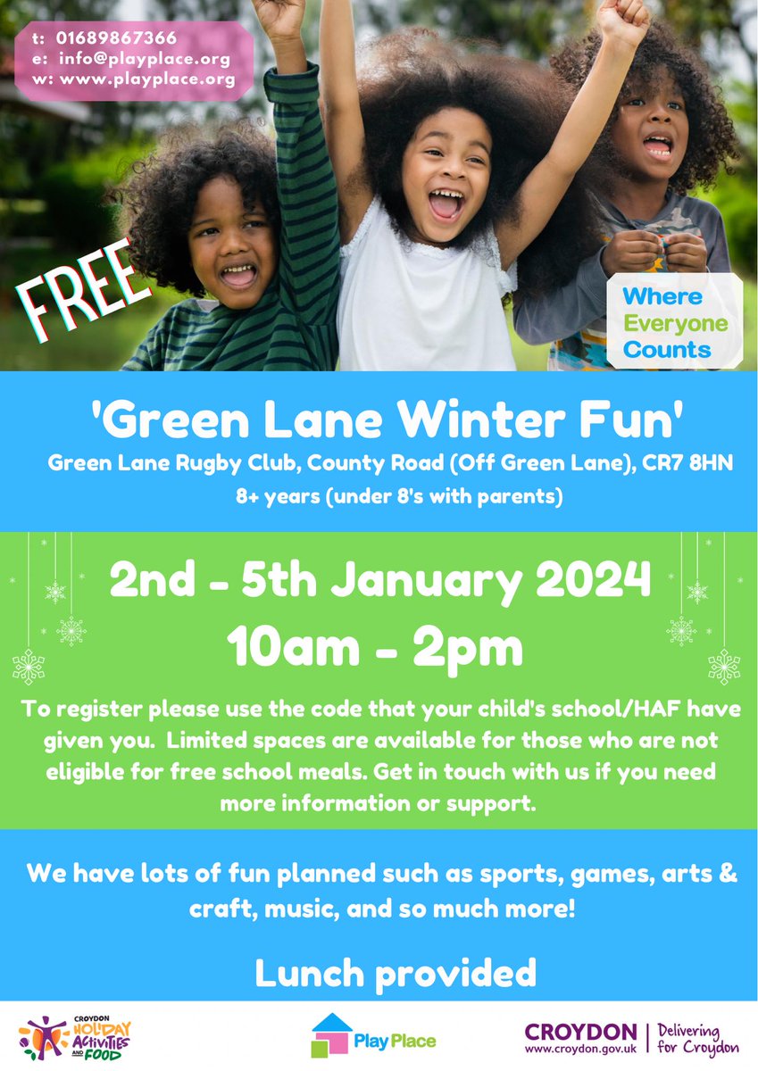 Happy New Year!  There are FREE activities taking place across Croydon for young people over the next few days with Play Place Youth Services.
If your kids get FSM, use the code sent to you to sign up on the holiday activities site.
Limited spaces for children who don’t get FSM.
