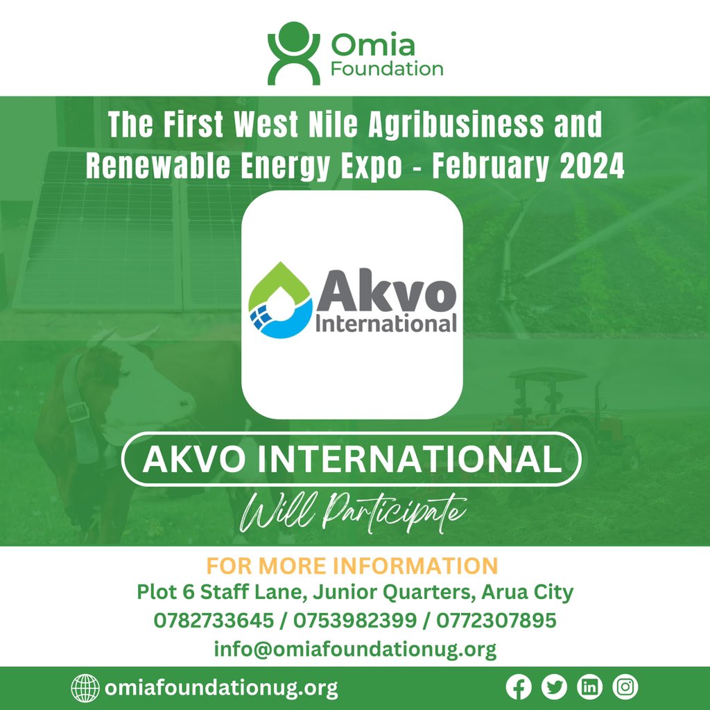 Akvo International will be showcasing affordable and Climate-Smart Irrigation Technologies at the 1st West Nile Agribusiness and Renewable Energy Expo, 8th to 10th February, 2024 at the OPM Grounds in Arua City!

Come learn, Event Entry is free!