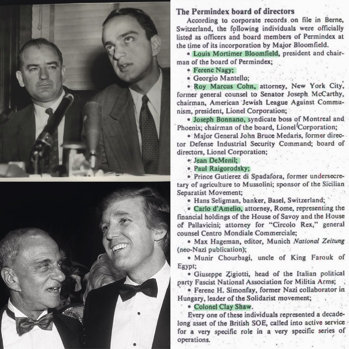 Roy Marcus Cohn, a notoriously harsh lawyer who rose to prominence in the mid-1950s alongside the communist-baiting senator Joseph McCarthy, was on the board of directors of Permindex along with Clay Shaw and others suspected of involvement in the assassination. Cohn later