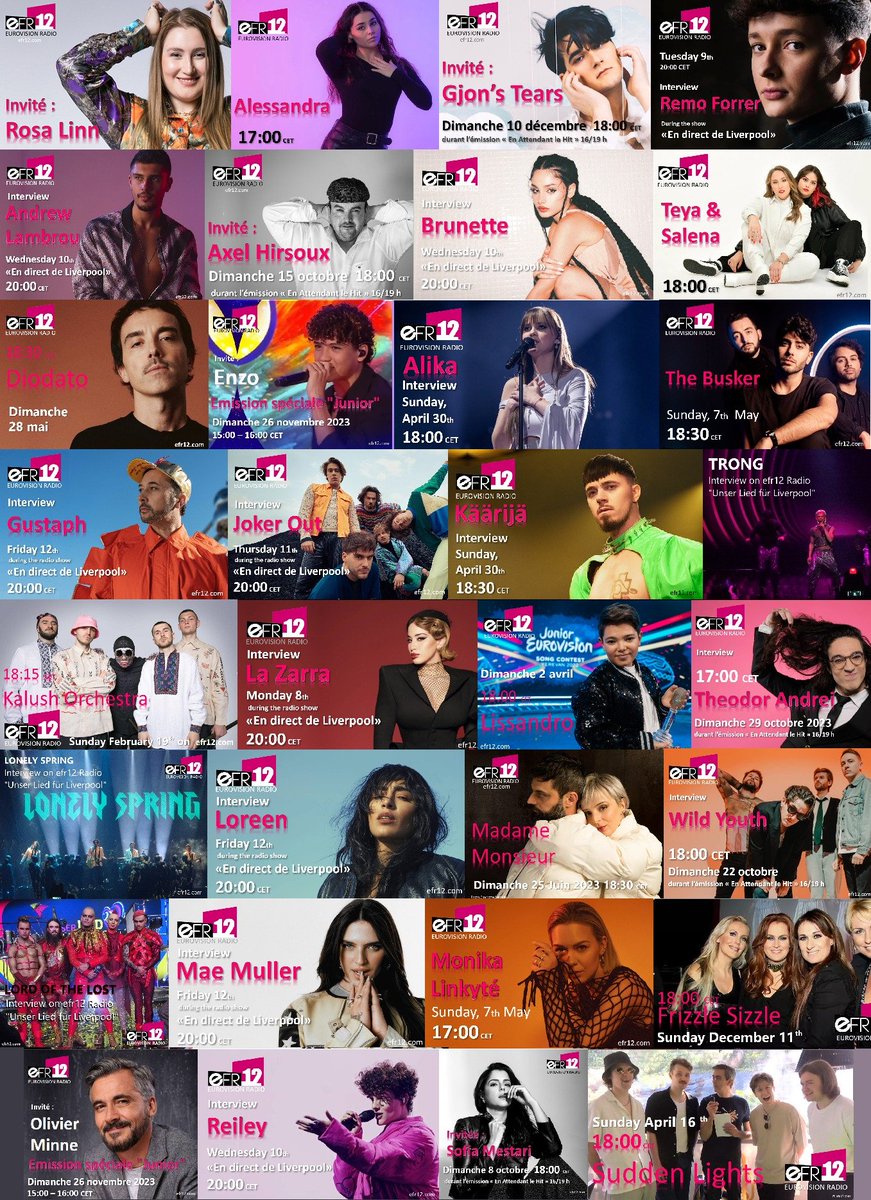 EFR12Radio's tweet image. Thank you to all the artists who visited us in 2023 ! Thanks for your availability. Thanks also to Zoé Clauzure, Carla, Serhat, Stefania, Keiino and Ruslana. #Eurovision #Eurovision2023 #ESC250 #jesc2023 efr12.com