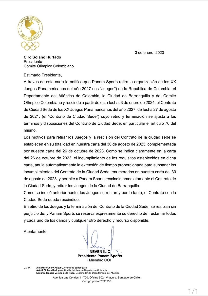 Barranquilla no será sede de los Juegos Panamericanos de 2027 por incumplimiento en los pagos por parte del gobierno nacional.

El Ministerio del Deporte es una entidad inservible, burocrática e ineficiente. Debe eliminarse.