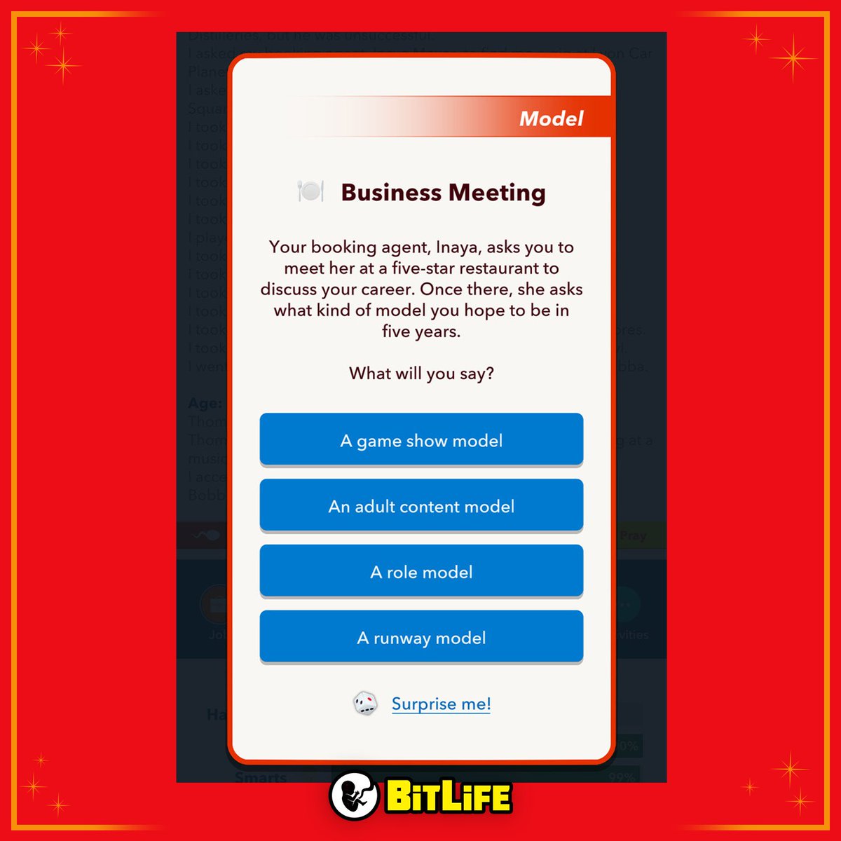 BitLifeApp's tweet photo. What type of model do YOU wanna be, Bitizens? 🤩 #ModelJobPack https://t.co/ApZgGgtlOe