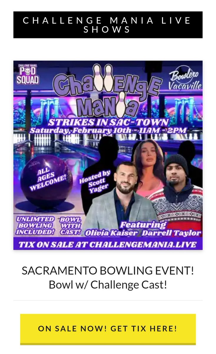 brian_ebbers's tweet photo. Been listening to you guys for awhile now but I am going to my first CHALLENGE MANIA LIVE!!! @SHOTOFYAGER @DerrickMTV Looking forward to meeting and bowling with @mtvrrdarrell
&amp; @oliviakaiserxo ‼️
#SacTown #vacaville #VIP #ChallengeMania #TheChallenge39 https://t.co/bPs4qRz28Y