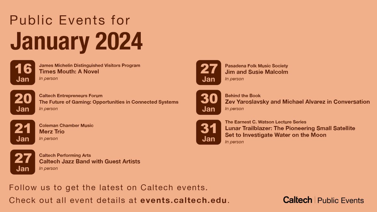 CaltechEvents's tweet image. What do a former Los Angeles County supervisor, a NASA principal investigator, and a New York Times best-selling author have in common? They are all headlining public events at Caltech in January: events.caltech.edu/calendar/month…