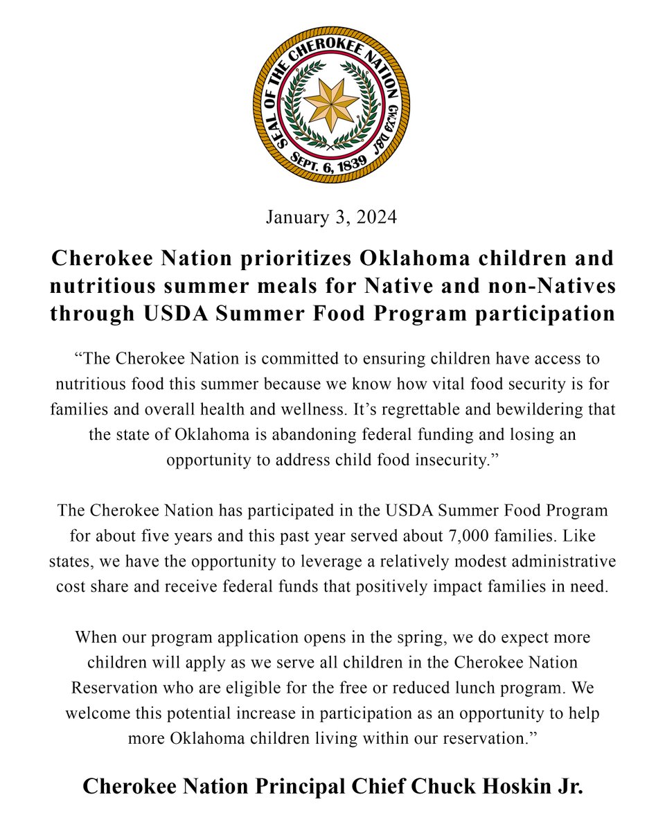 Cherokee Nation’s summer food program is open to all children — Native or non-Native — who live within the Cherokee Nation Reservation and are eligible for free or reduced lunches.

Stay tuned for more information as applications open this spring.