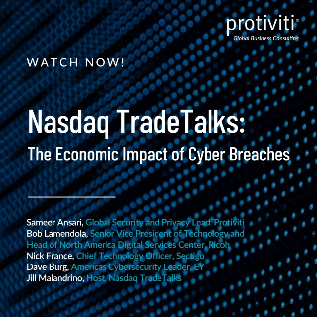 As a Nasdaq #TradeTalks panelist, Protiviti’s Sameer Ansari shared that business leaders see cybersecurity as one of the top three risks for 2024 as reported by The Top Risks Survey. Watch the full broadcast now! bit.ly/3voAqgF