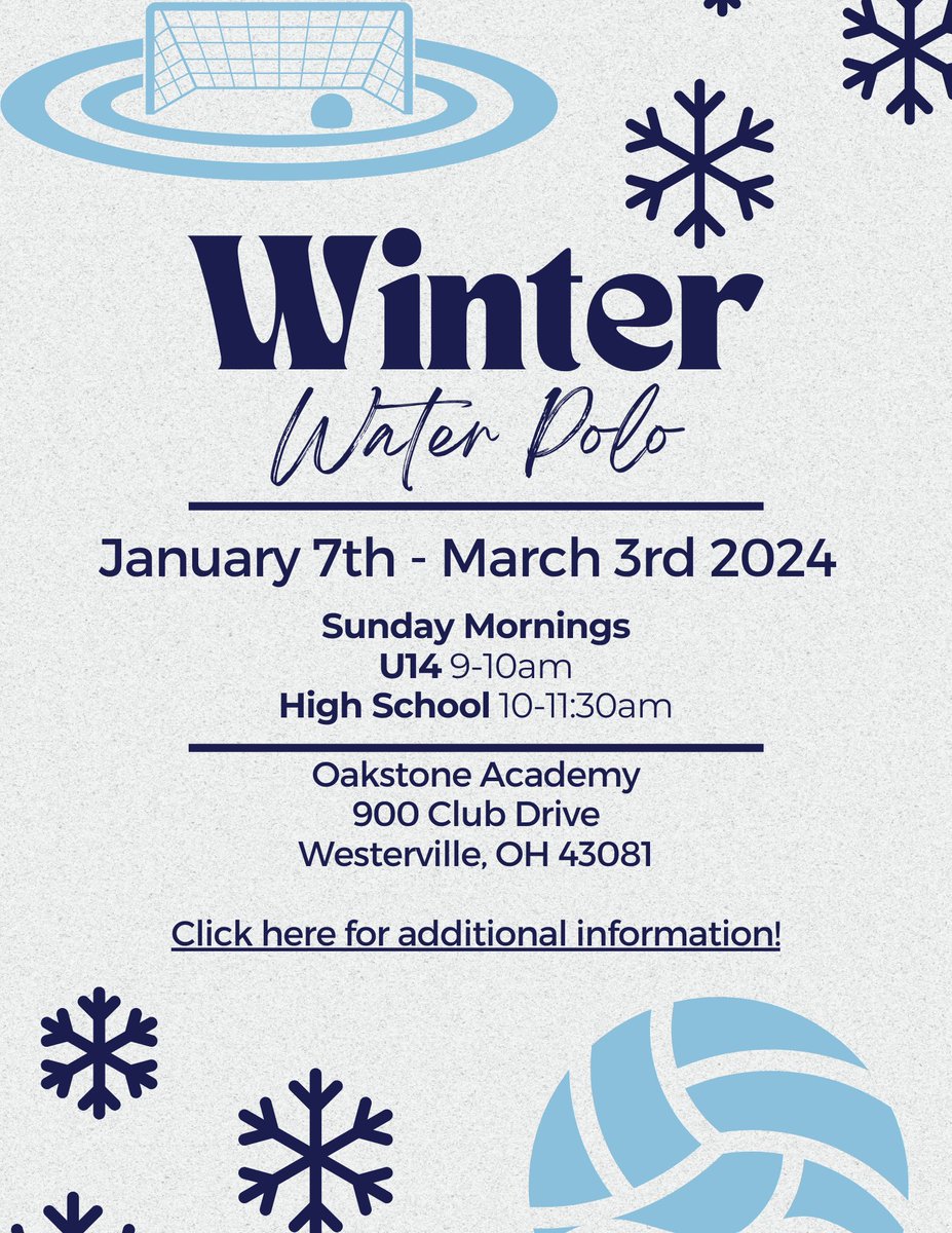 Winter Polo is filling up fast! Make sure you sign up ASAP to make sure you’re able to participate in our session- 🤽‍♀️🤽‍♂️❄️

columbuswaterpolo.com/e/winter-sessi…