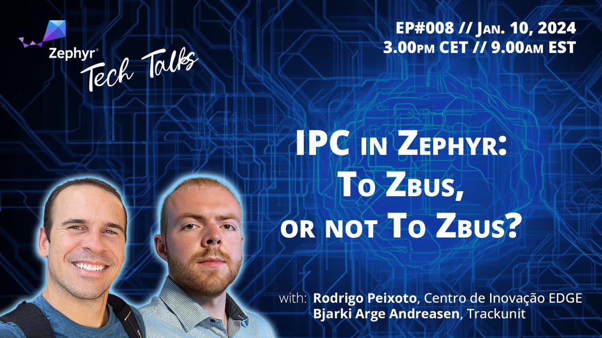 There are many ways to implement IPC in #ZephyrRTOS & choosing the right one can be tricky. @rodrigopex & @trackunit's Bjarki Arge Andreasen join @kartben on Jan 10 for the next @ZephyrIoT #TechTalk to debate the pros/cons. Subscribe to the livestream: hubs.la/Q02f8zqY0