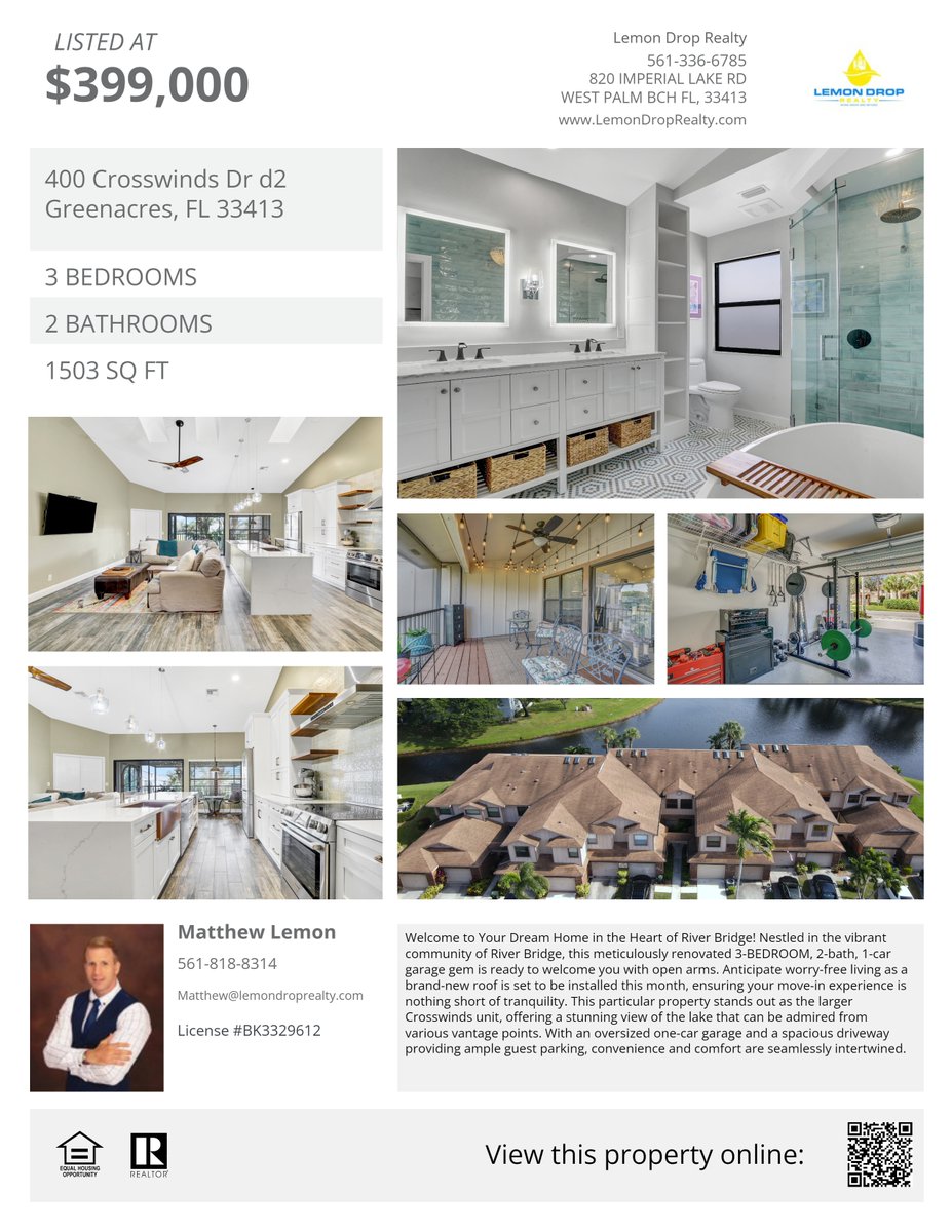 LemonDropRealty's tweet image. JUST LISTED $399,000   400 Crosswinds Drive D2, Greenacres   Completely Renovated 3 Bed, 2 Bath, 1 Car garage in gated community #homebuyers #homesellers #zillow #Realtor #MLS RX-10946841  Thinking about making a move?  Call #Realtor Matthew Lemon #561.818.8314 #LemonDropRealty