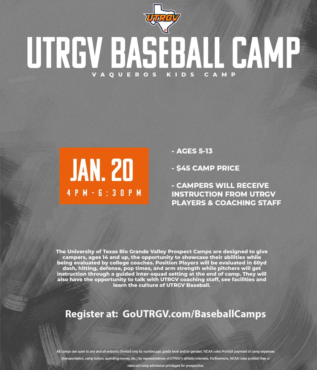 UTRGVCamps's tweet photo. 🚨 Upcoming UTRGV Camps 🚨

January 14th - UTRGV Prospect Camp
January 20th - Vaqueros Kids Camp

Spots are limited. Sign up using link below! 
#RallyTheValley

https://t.co/r1LCcNYaqf https://t.co/6Hs22FBWYR