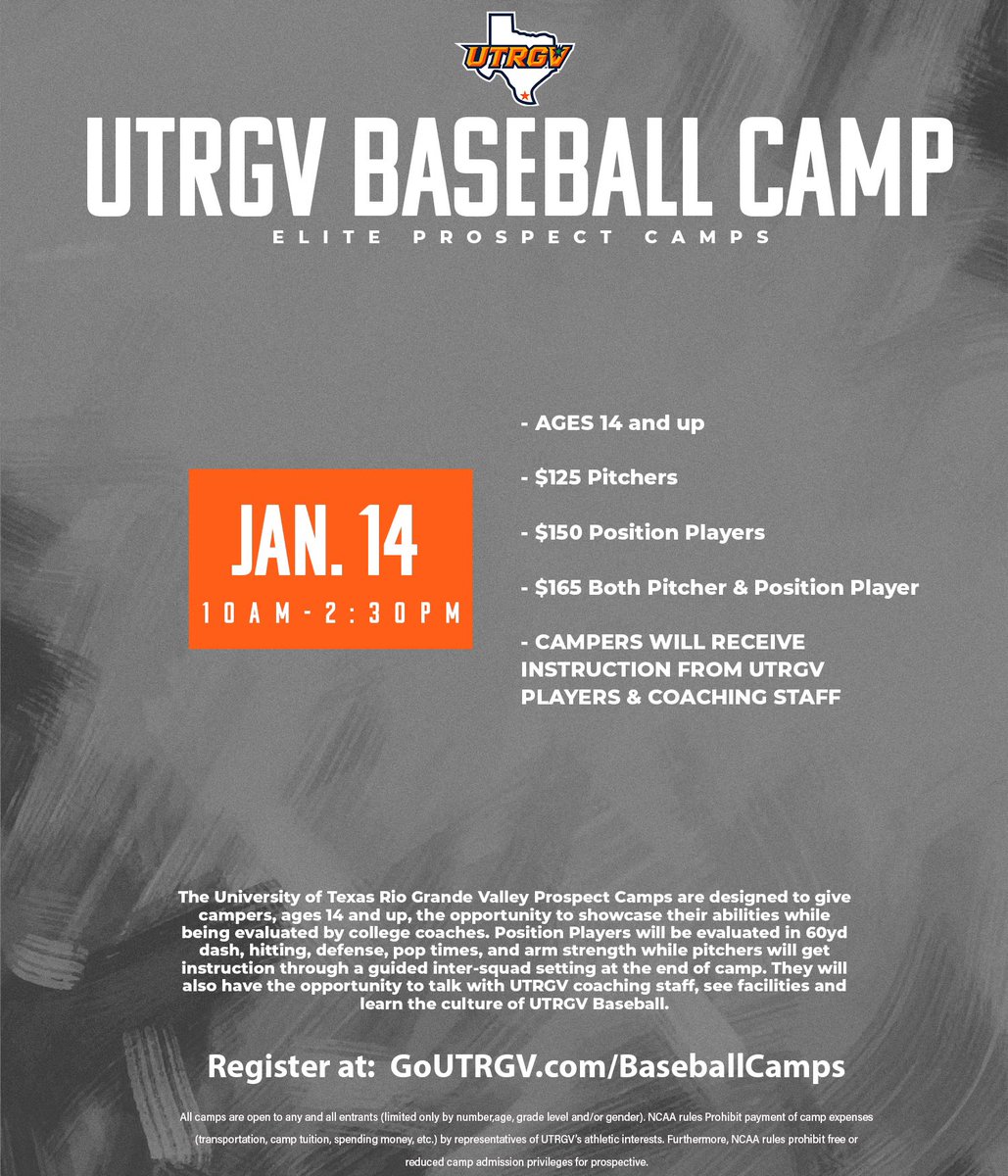 UTRGVCamps's tweet photo. 🚨 Upcoming UTRGV Camps 🚨

January 14th - UTRGV Prospect Camp
January 20th - Vaqueros Kids Camp

Spots are limited. Sign up using link below! 
#RallyTheValley

https://t.co/r1LCcNYaqf https://t.co/6Hs22FBWYR