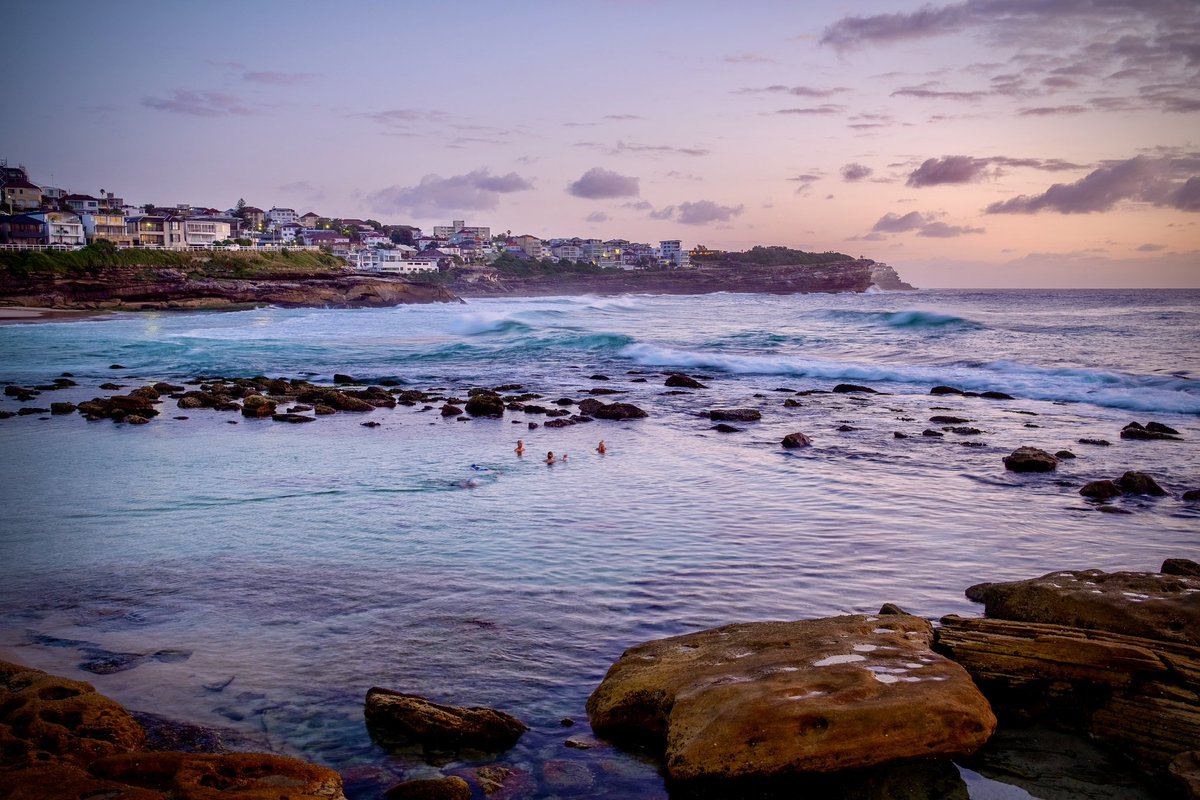 Sydney’s Bronte beach has two “pools”. Out of shot to the right is the wonderful ocean pool built in 1887. In shot is the natural pool, The Bogey Hole. Both are worth a dip, but one is for laps and the other is for bobbing. A dawn treat.