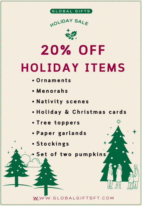 globalgiftsFT's tweet photo. We're excited to announce a holiday sale on our entire collection of holiday merchandise! All these items will be 20% off in store or online, automatically applied at checkout. Consider visit one of our store location or shop online before this sale ends. #fairtrade https://t.co/f6t9jVVTzk