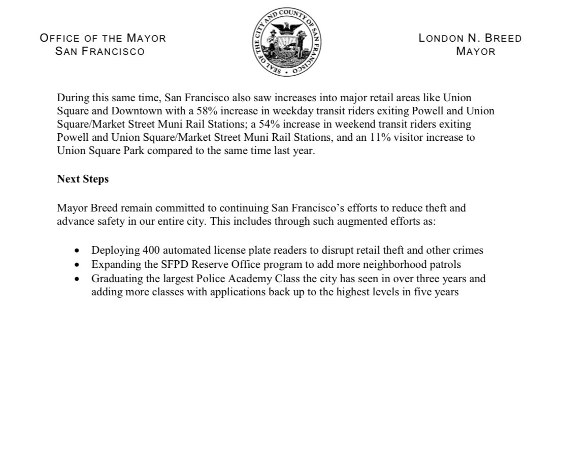 City leaders @SFMayorsOffice @SFPDChief @BrookeJenkinsSF announced that the 2023 holiday shopping season saw the lowest levels of reported theft in San Francisco in years & an increase in visitors to major Downtown destinations, including @UnionSquareSF davidperry.com/newsroom/san-f…