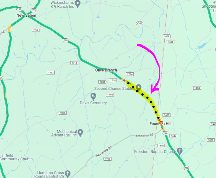 Clt_TrafficGuy's tweet photo. ⛔️NC 218 is SHUT DOWN in BOTH directions near Olive Branch due to an overturned truck.  Highway Patrol says it may be 6 pm before the road is open again.  This is just before the Anson County line.
#CltTraffic #UnionCo #Clt #NC #SC https://t.co/jLFUlY58TW