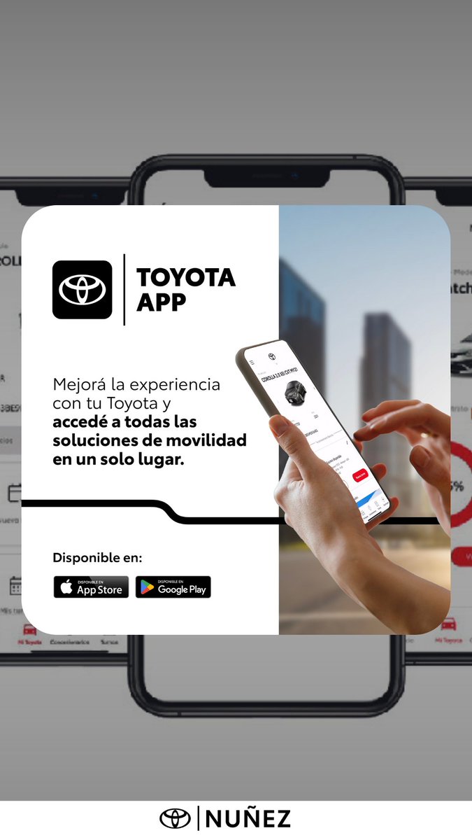 Accedé a la App oficial para mejorar la experiencia con tu Toyota.

- Agendar de forma online servicios de mantenimiento.
- Visualizar información clave sobre tu vehículo y alquileres a través de KINTO.
y mucho más

¡Recordá agregarnos como tu concesionaria preferida!