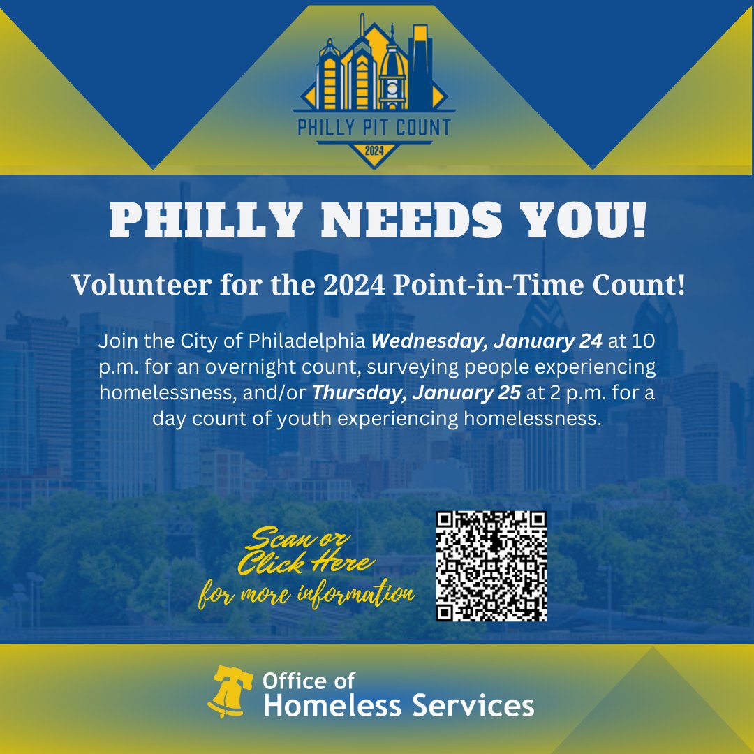 Have you signed up yet to volunteer for the @PhiladelphiaGov 2024 Point-In-Time Count? Join us on 1/24 and/or 25 to help count/survey youth & adults who are experiencing #unsheltered #homelessness. Learn more & sign up today! bit.ly/2024phlPITsign…
