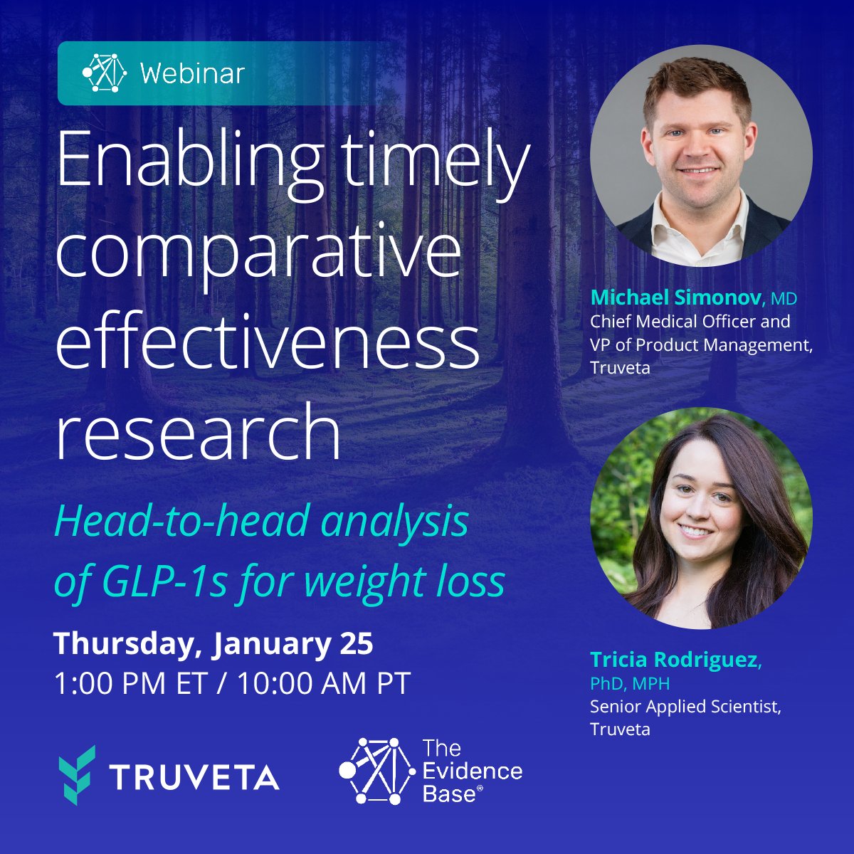 truveta's tweet image. Join our CMO &amp;amp; VP of Product Management @SimonovSays and Principal Applied Scientist Tricia Rodriguez, PhD, MPH for a webinar on our recent #Ozempic vs. #Mounjaro weight loss study and how #ComparativeEffectiveness studies are done with Truveta.

Register: tr.vet/41ImXMO