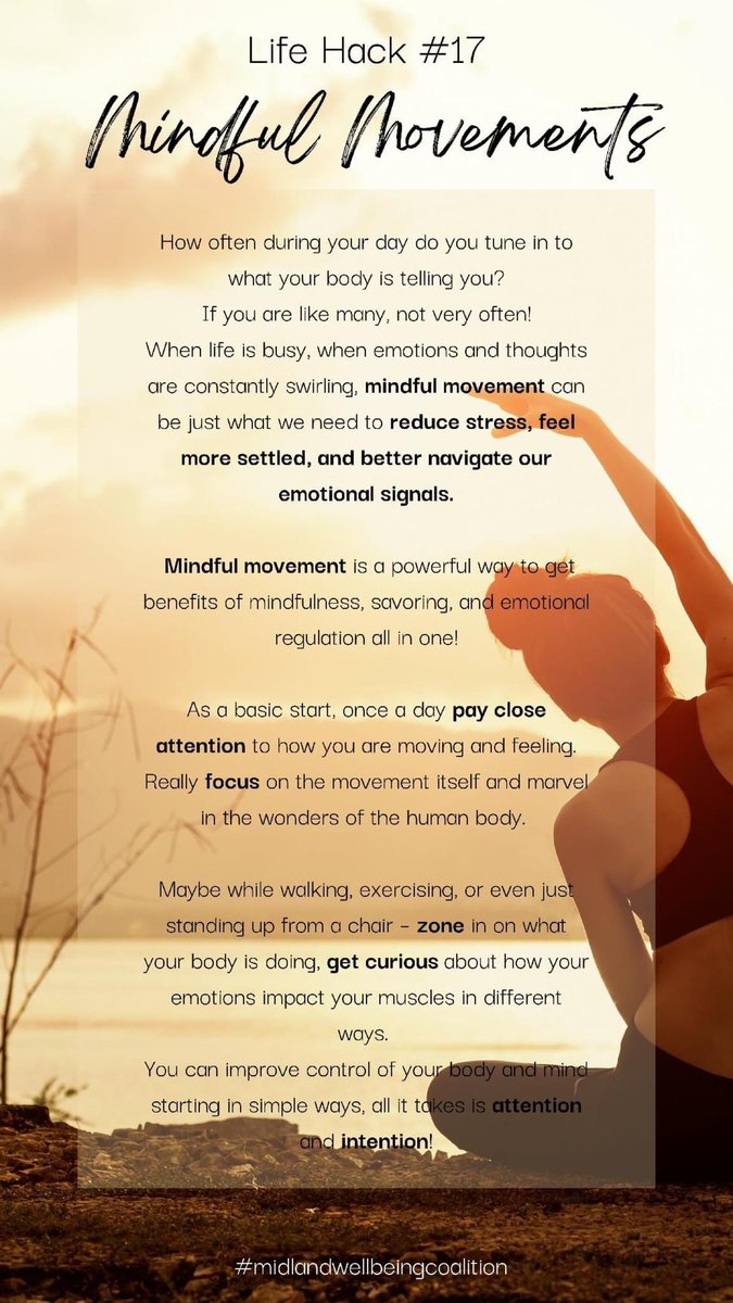midlandareawbc's tweet photo. Hi, I'm Ashley Ghose, Balance Life Strategist, and Coach as well as Lead assistant for the Midland Area Wellbeing Coalition. 

Today, I'd like to share my Life Hack in Action. The Life Hack I use to support my wellbeing is Life Hack Number 17, Mindful Movements. https://t.co/HCOSDY0FMx