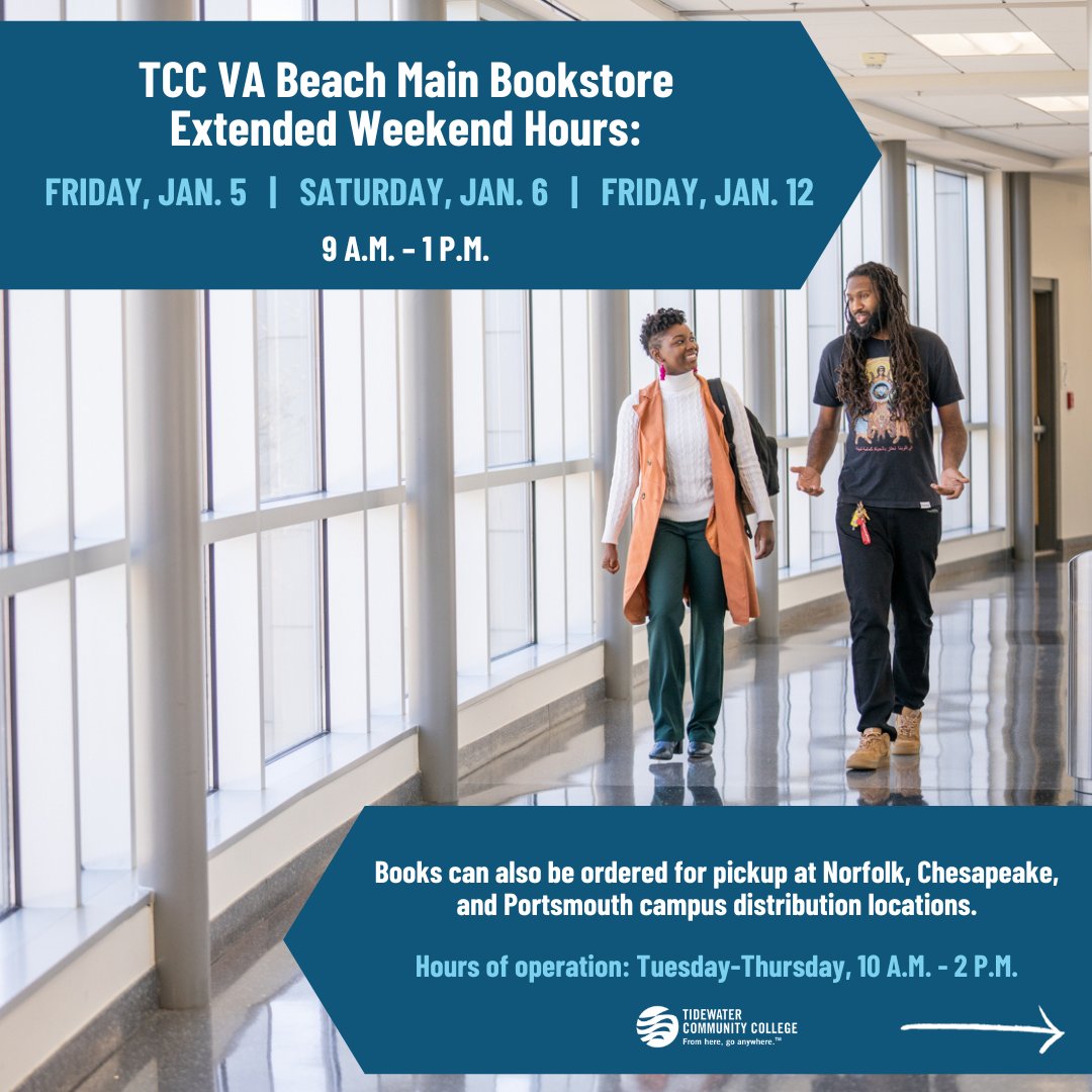 TCCva's tweet image. Still need to grab your books for next semester? We got you. 📚 Beginning Friday, January 5, the Virginia Beach Campus Bookstore is offering extended weekend hours. See below for details!

#TCCva #TCCvb #VirginiaBeach #StudentLifeHack #HereToHelp
