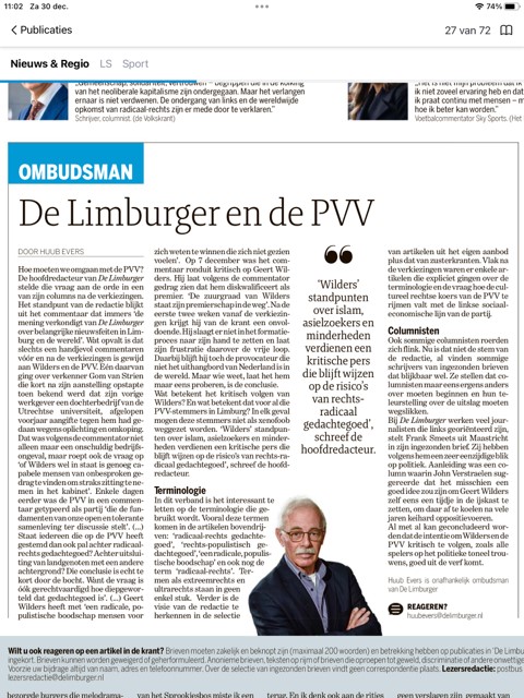 Hoe moeten we omgaan met de PVV? Wat betekent het kritisch volgen van Wilders zoals dat met alle politici gebeurt? En wat betekent dat voor al die PVV-stemmers in Limburg? Over deze en andere kwesties mijn ombudsmanrubriek in De Limburger.