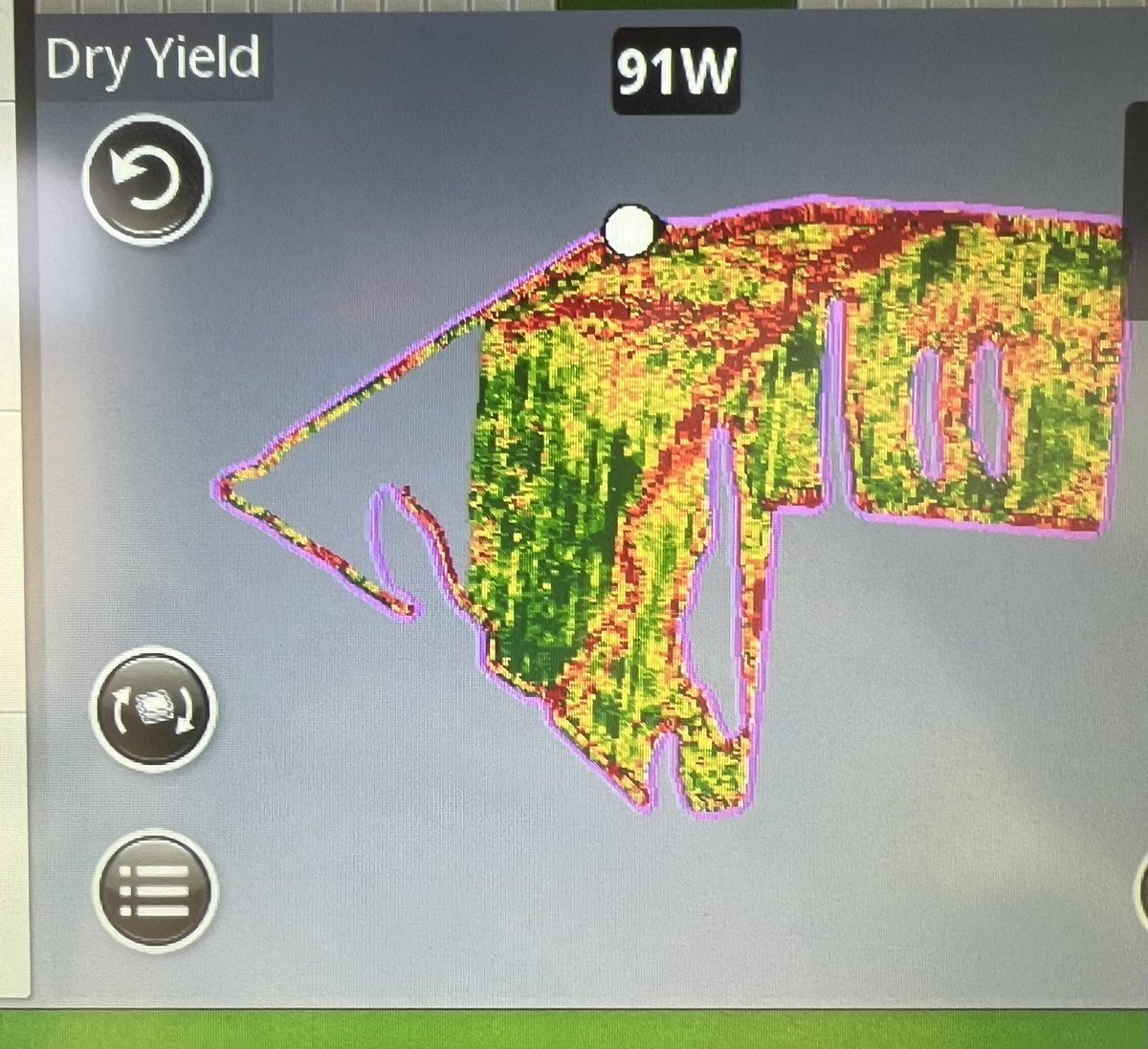 Running john Deere harvest lab this year on the header. Impressed so far with the data it’s capturing. Protein on wheat, dark green strip frost gully.