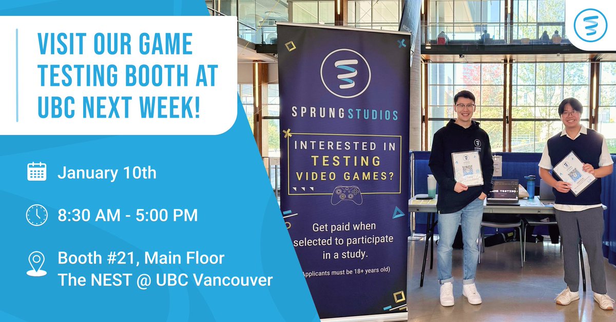 SprungStudios's tweet photo. Calling all gamers! 📣 🎮 Visit our booth next Wednesday, January 10th at the UBC AMS Student Nest–where you can learn all about game testing and sign up to be a paid play tester.
https://t.co/E6UMJSGTA3
#sprungstudios #gametesting #gaming #playtesting #ubc #amsweek https://t.co/UER5LfMIVn