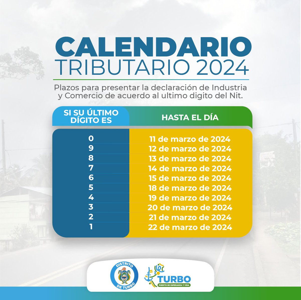 Consulta aquí el Calendario Tributario para la vigencia 2024 

Resolución 468 de 2023: acortar.link/dGrkVS

#TurboPuertodeEsperanzayVida
#AlcaldíaDistrital
