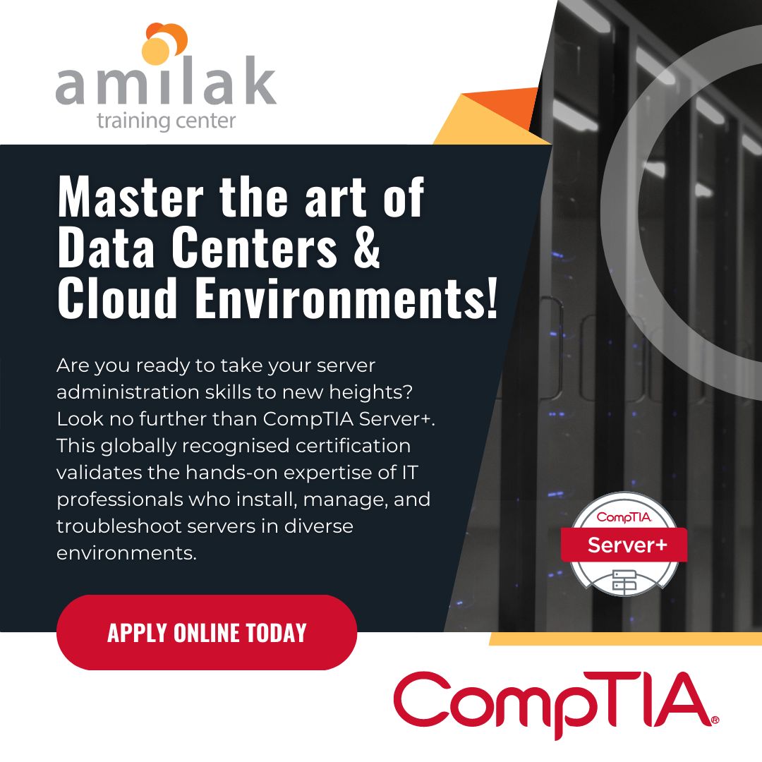 amilaktraining's tweet image. Master the art of Data Centers &amp;amp; Cloud Environments with CompTIA Server+! Elevate your server admin skills globally. 🌐 Learn server hardware/OS management, security controls, troubleshooting, and disaster recovery. Apply now: bit.ly/3ue9wnJ #CompTIAServerPlus