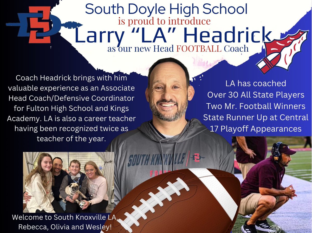 SDHS administration would like to welcome Larry “L.A.” Headrick to SoKno as the 6th Head Football Coach in South-Doyle High School history.

There will be a meeting with returning football players tomorrow at 3:00pm in the team room of the field house.
