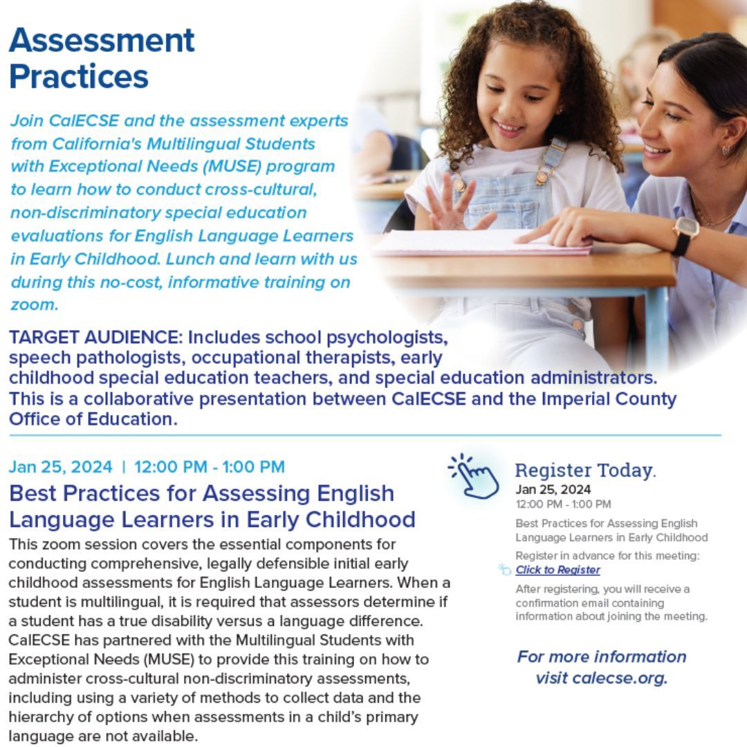 Cal_ECSE's tweet image. Join CalECSE &amp;amp; assessment experts from the Multilingual Students with Exceptional Needs program for a no-cost training on conducting cross-cultural, nondiscriminatory special education evaluations for English Learners in Early Childhood! Register now: buff.ly/3NpIP9M