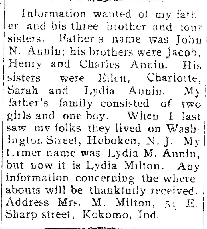 #OnThisDay in 1900, Mrs. Lydia M. Milton (formerly Annin) searched for her father, uncles, and aunts. When she last saw them, they lived in Hoboken, New Jersey.

#lastseenproject #BlackHistory #DigitalHistory #BlackGenealogy #DigitalGenealogy @NHPRC