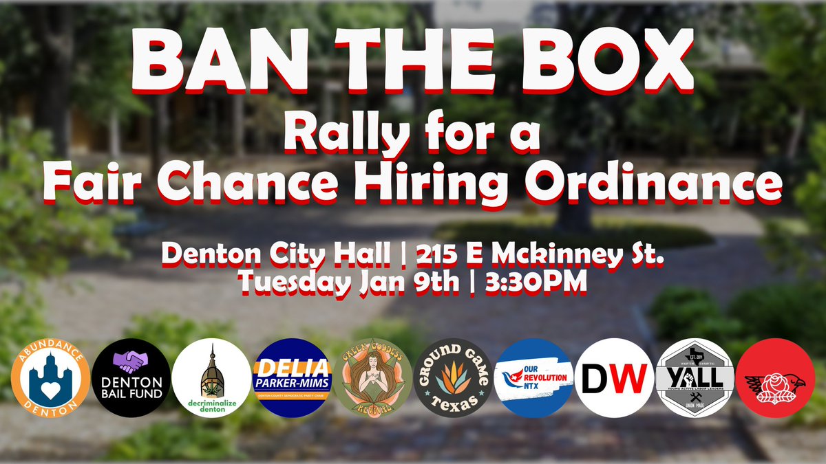 realMaxineDavis's tweet photo. 🚨Call to Action!🚨

Stand up for your rights and support City Councilor Brandon Chase McGee’s proposal to ban the felony checkbox on job applications in the city of Denton, TX. If passed, everyone in Denton will get a fair chance when seeking employment.

(1/4) https://t.co/18stHDRyaQ