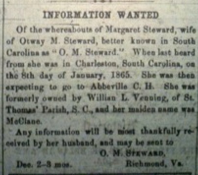 #OnThisDay in 1865, O. M. Steward was searching for his wife, Margaret, who was formerly enslaved by William L. Venning in South Carolina. #lastseenproject #FindingFamilies #BlackHistory #BlackGenealogy #DigitalHistory @NHPRC