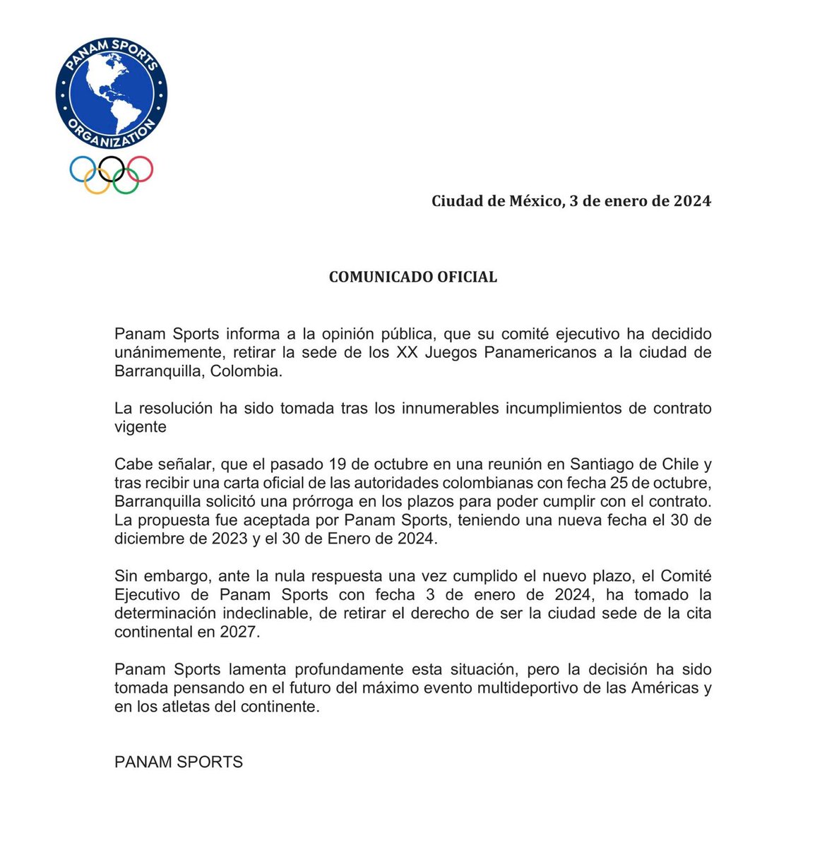 Que desastre. Vamos muy mal. Es una vergüenza y una muy mala señal para la juventud y los deportistas colombianos. 
Colombia pierde la sede de los Juegos Panamericanos.
Dios bendiga a Colombia y mande al infierno a quienes hacen todo por destruirla.