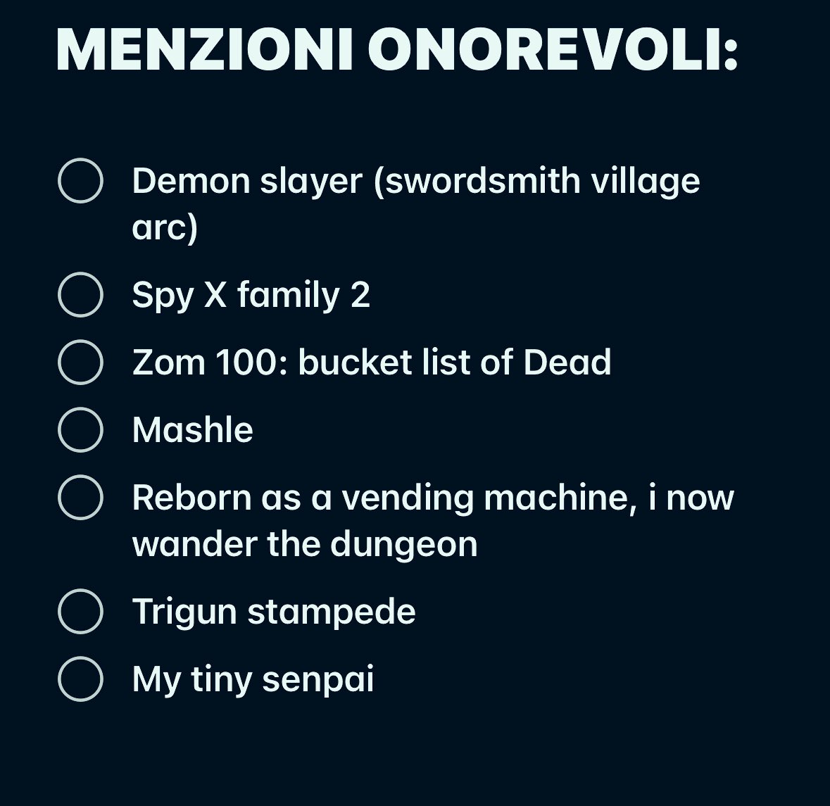 ffozeee's tweet photo. queste invece sono le menzioni onorevoli che purtroppo non sono riuscite a entrale nella lista . https://t.co/EbvSrgBnee