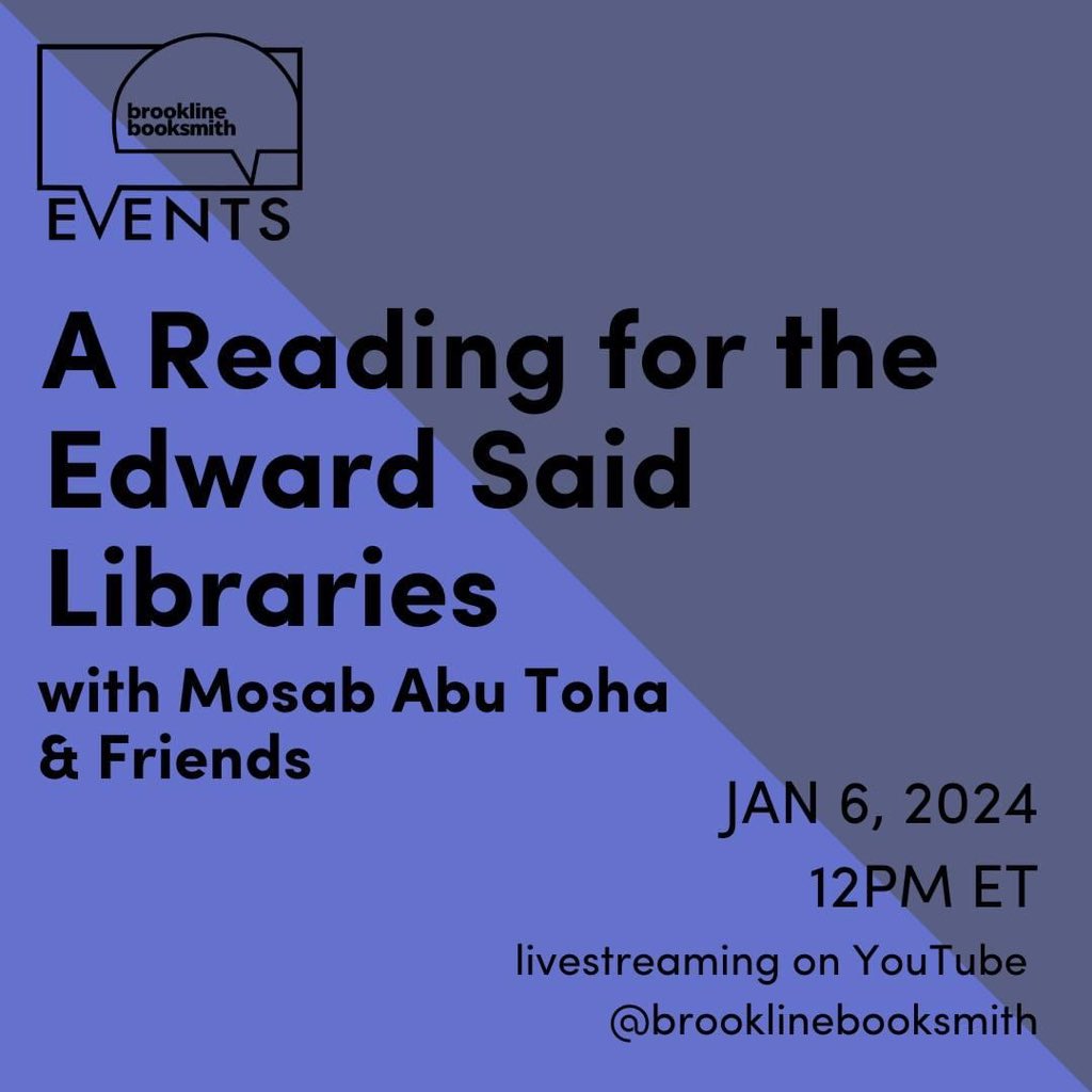 A Reading for the Edward Said Libraries with Mosab Abu Toha &amp; Friends (1/6/24 at 12PM ET)

When poets and writers unite to do something, everyone needs to come and listen.
Come and join us for this reading with me and my friends to support the Edward Said Library in Gaza. Support