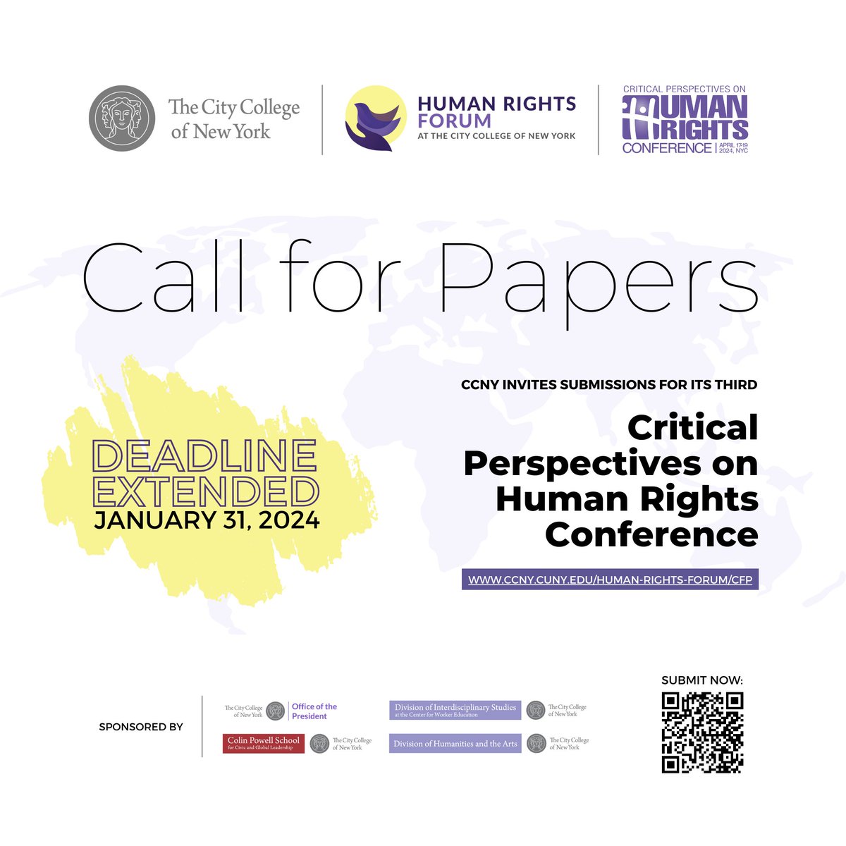 The call for paper for CCNY's Third Critical Perspectives on Human Rights Conference had its submission deadline extended to January 31, 2024.
ccny.cuny.edu/human-rights-f…